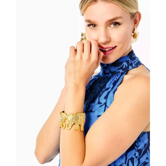 NWOT Lilly Pulitzer Tusk Tusk Elephant Gold Cuff Hinged Bracelet Rhinest… - Picture 2 of 9